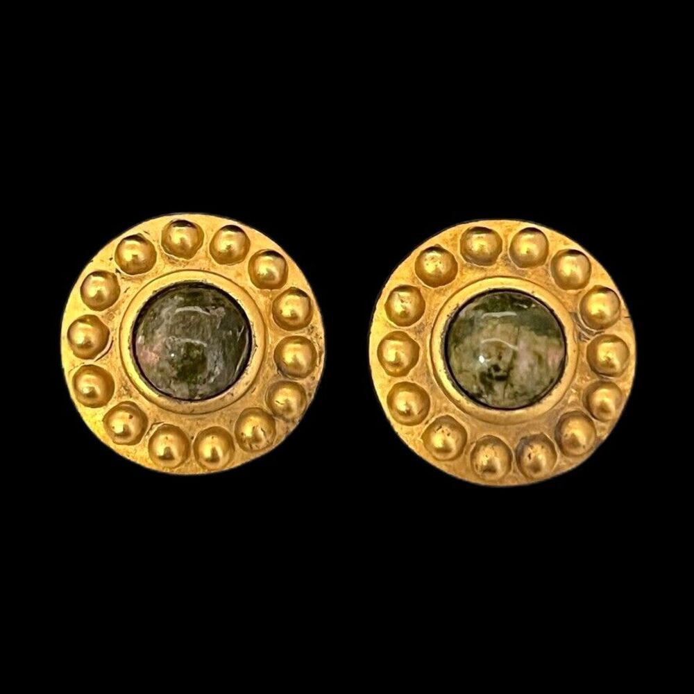 Vintage 1980s Matte Gold Tone Stud Earrings Green Semi Precious Stone - 3B
